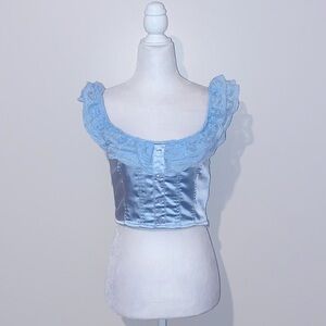 Bailey Rose baby blue satin ruffle crop top